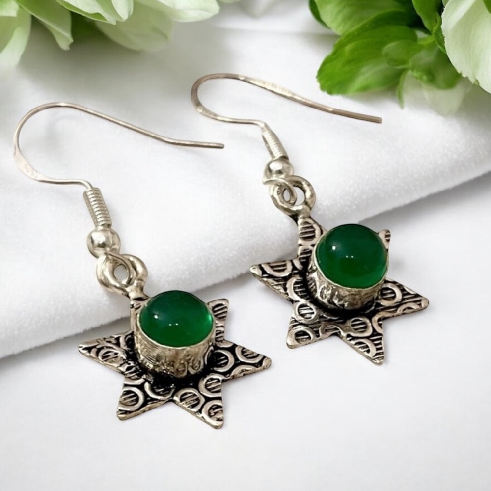 Green Onyx Silver Gemstone Earrings
